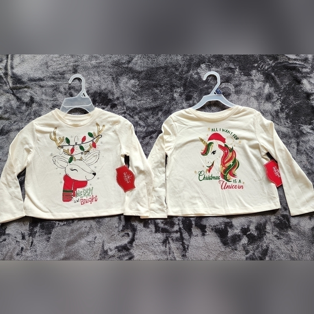 NEW girl's Christmas graphic tops bundle white and red Reindeer size XS 4/5